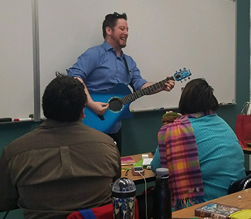 Think Ahead classroom at Dutchess Community College welcomed a guest speaker, John Steffens, who presented on soft-job readiness skills. As he explained to the students these are the same skills that he uses on his job as a musician and played some music. (February 2018)