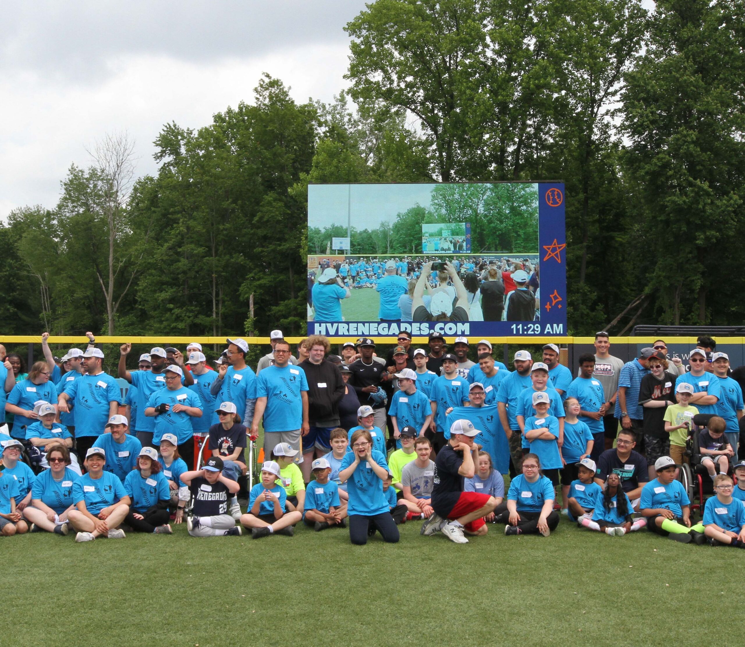 A group pic of everyone who participated in Disability Dream and Do (D3 Day) and the Hudson Valley Renegades players! Disability, Dream and Do (also known as D3 Day) at Heritage Financial Field, June 17, 2023
